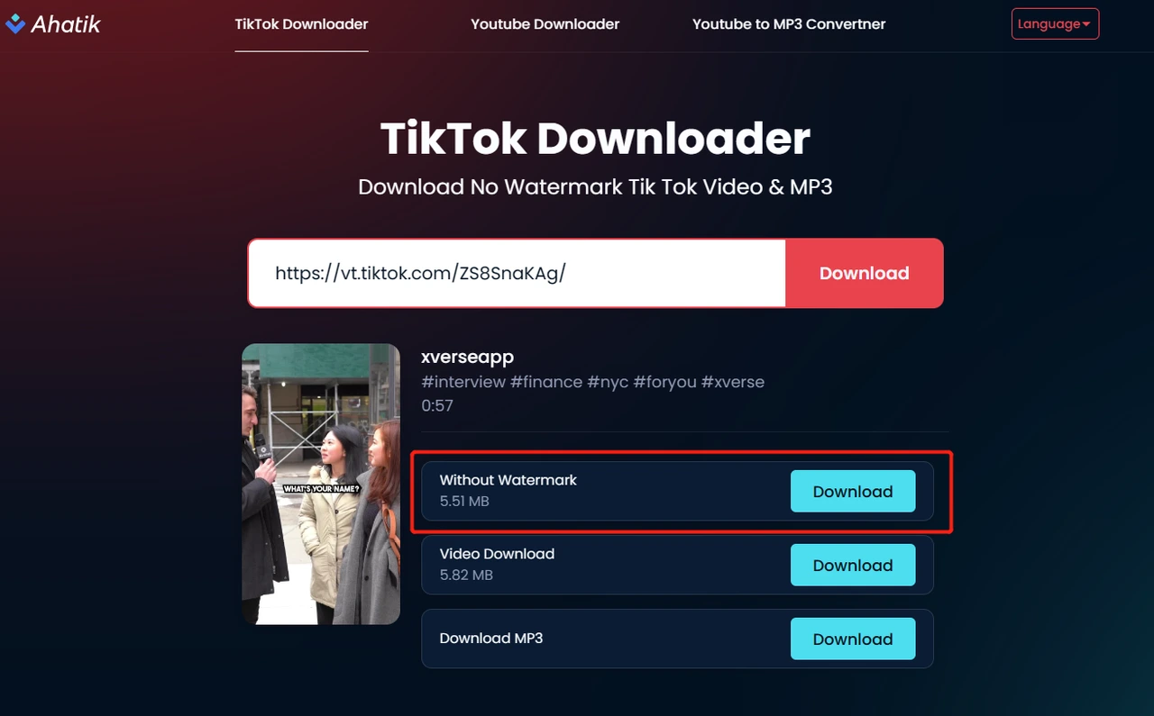 Ahatik TikTok Downloader sem marca d'água